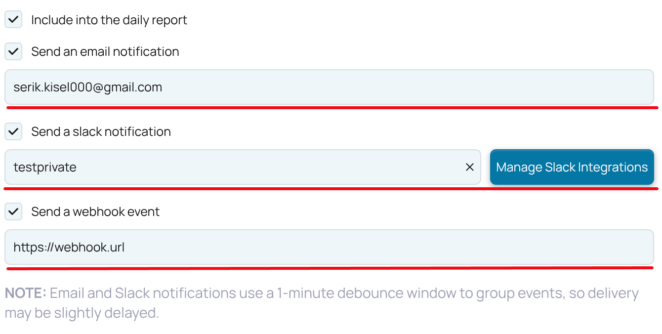Alert notification settings