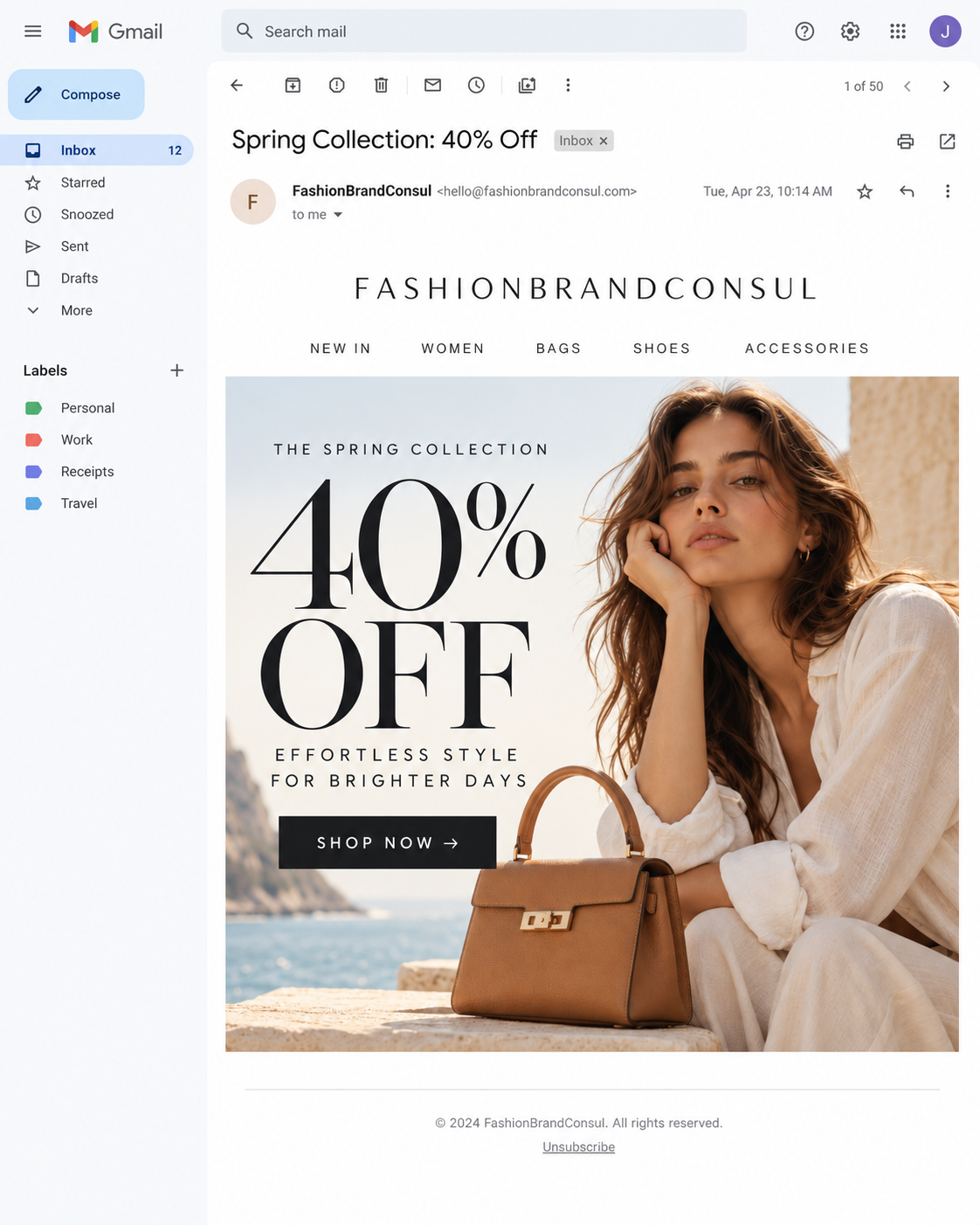 Fashion email with a large 40% off promotional banner