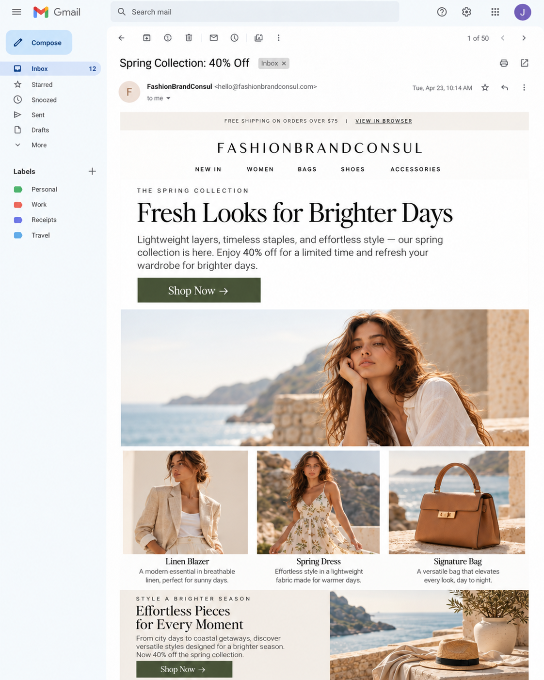Fashion email with introductory copy, Shop Now buttons, and separate product images
