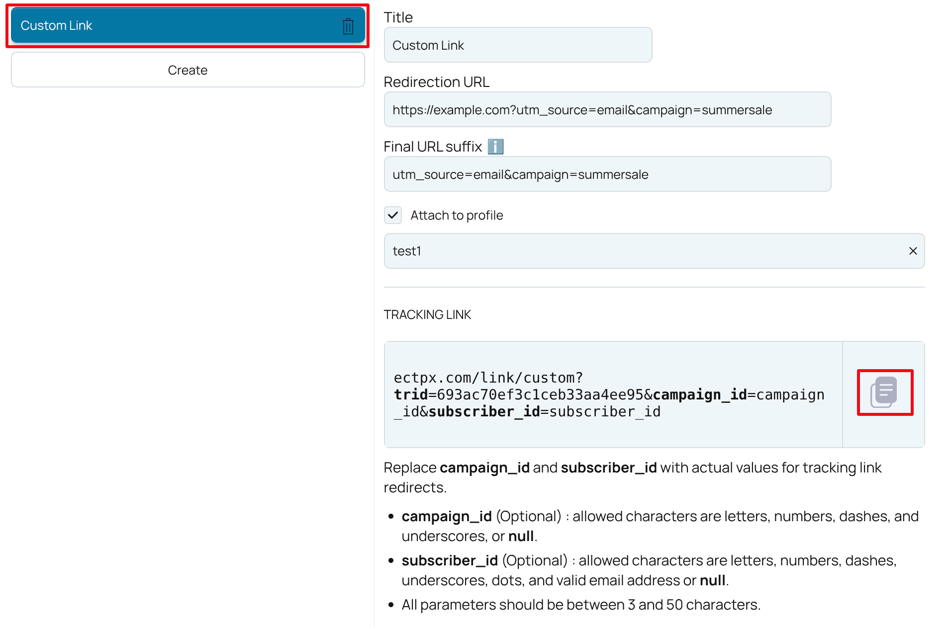 Copy Custom Tracking Link