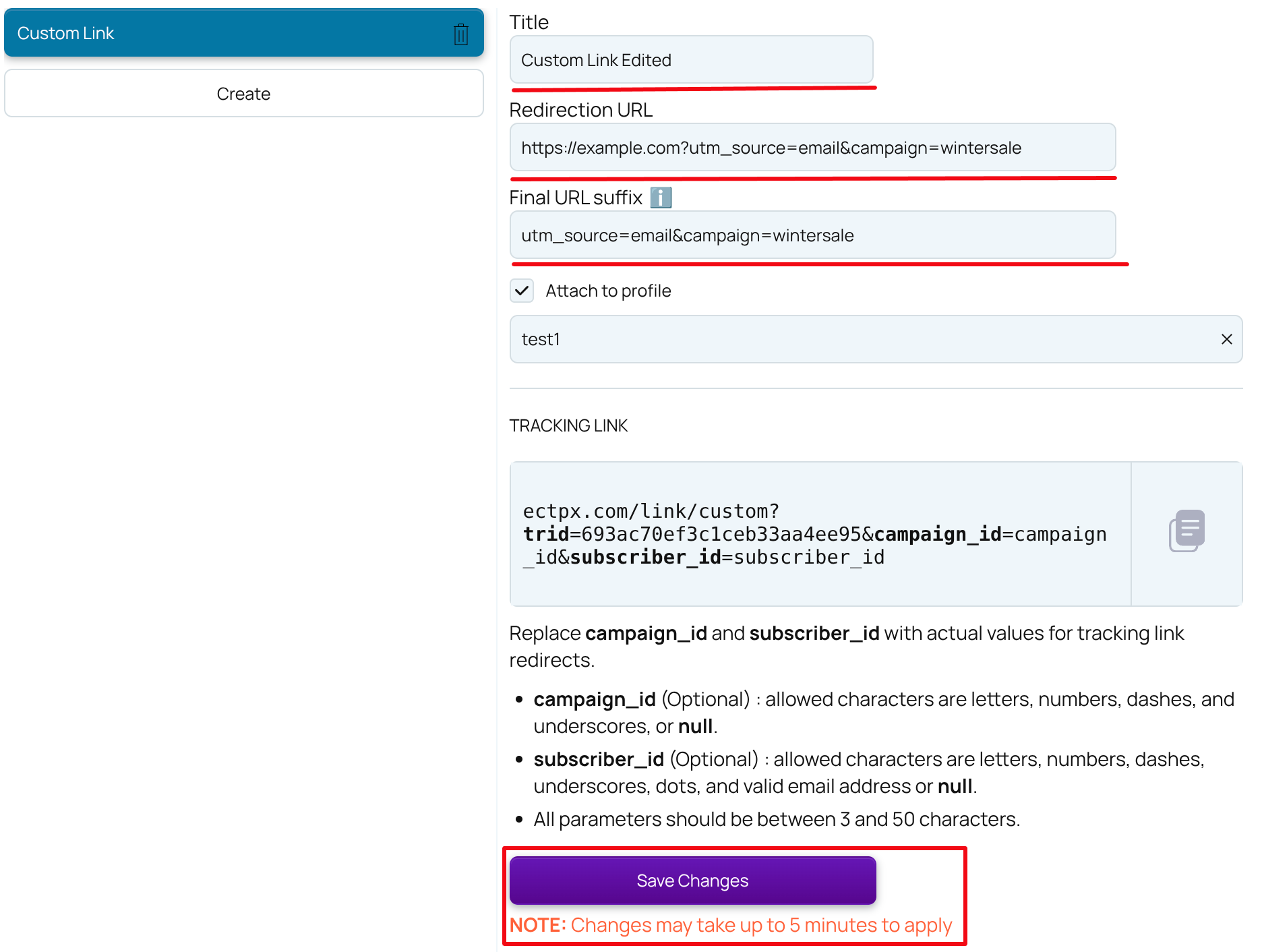 Edit Custom Tracking Link