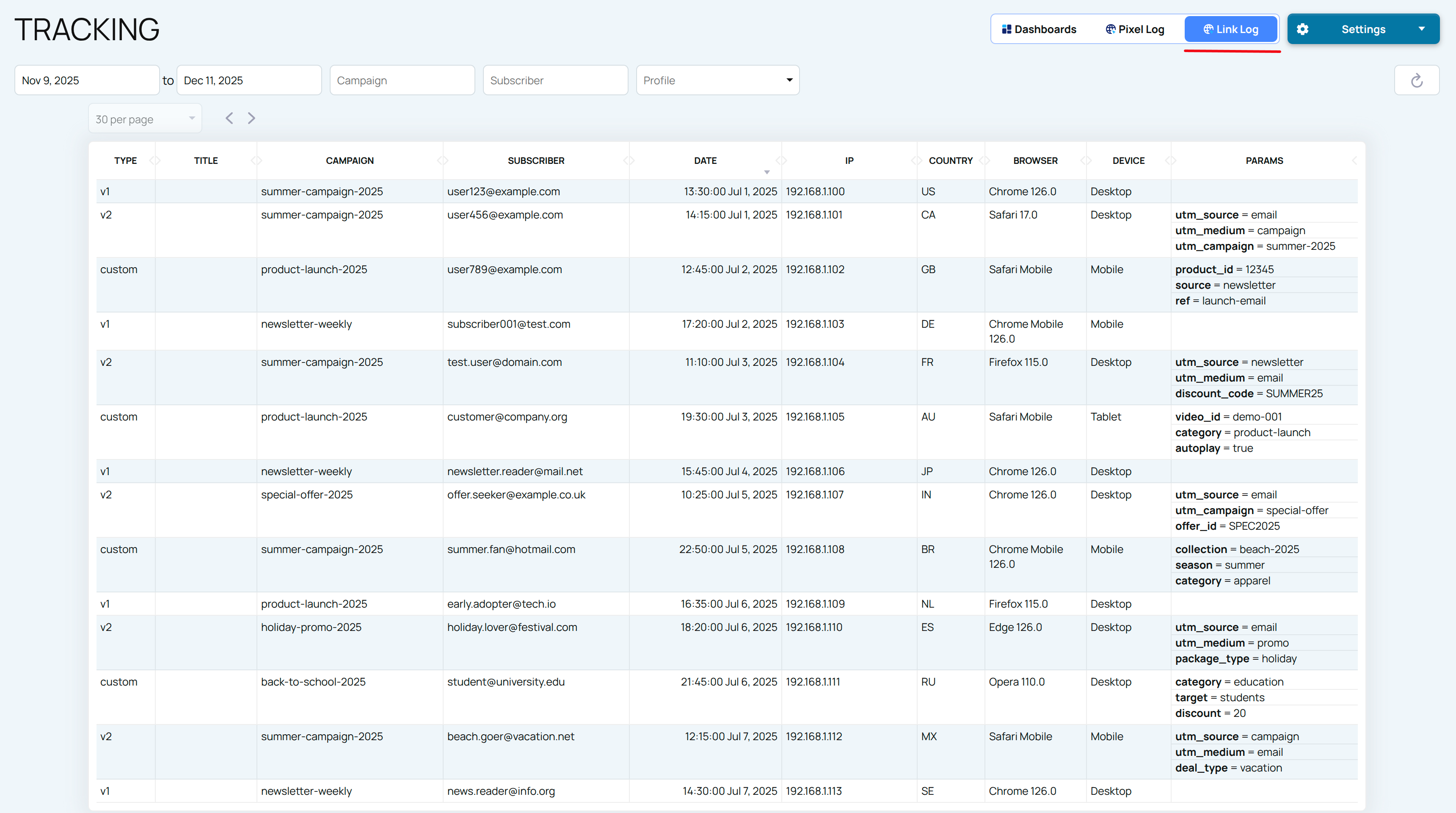 View Tracking Link Log