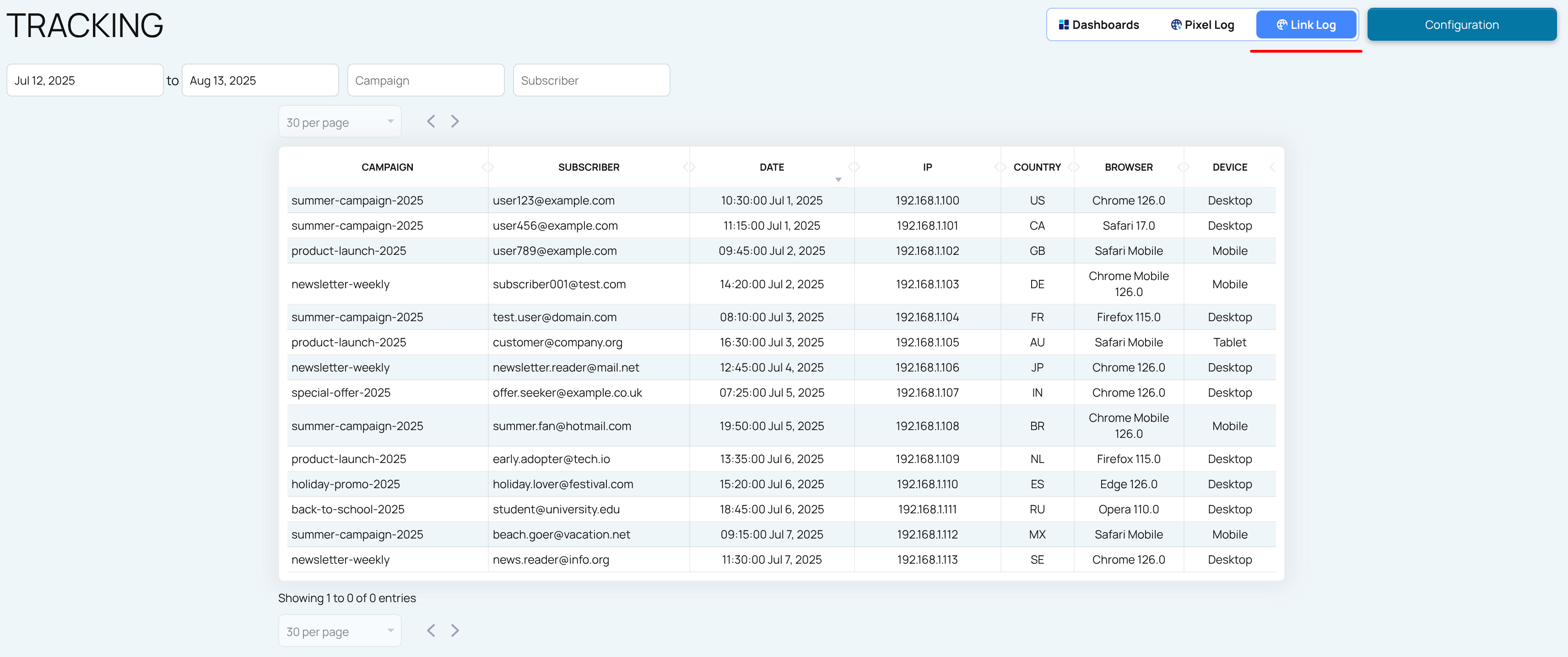 View Tracking Link Log